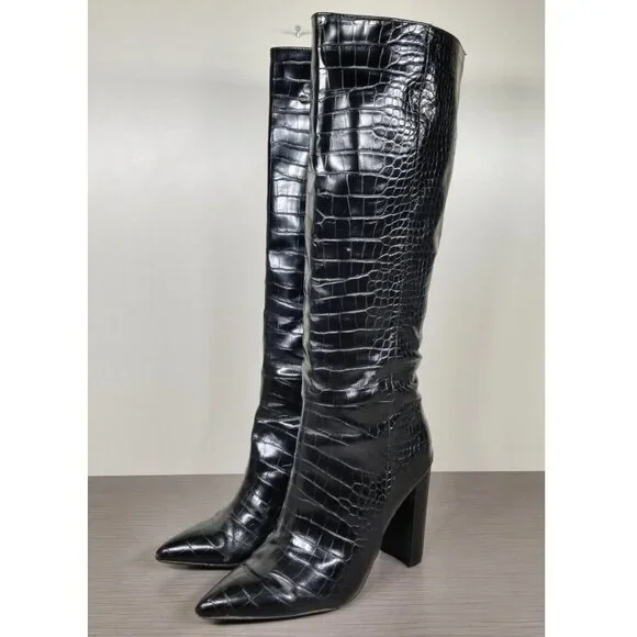 Steve Madden Triumph Croc-Embossed Boots, Black Faux Leather, Womens Size 8 M - Picture 3 of 11